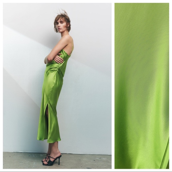 NWT. Zara Green Draped Lingerie-Style Flowy Mini Dress. Size S. - Picture 3 of 14